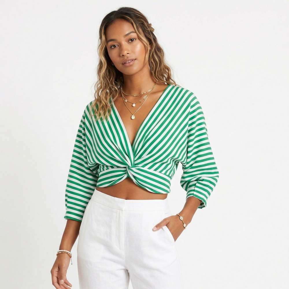 NWT Milk & Honey Beachy Crop Top Green Striped V-Neck Twist Front Coastal Size S